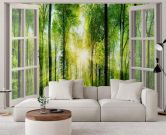 Fototapete Fensterblick Sonnenstrahlen im Wald 