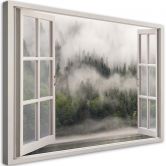 Leinwandbild, Fensterblick Wald im Nebelsee 