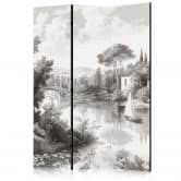 Paravent, Raumteiler freistehend, Trennwand - Black and White Vintage Landscape: Pond with Boat 