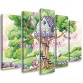Leinwandbild 5 teilig, Weiße Kaninchen Hütte auf dem Baum 