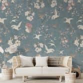 Japandi Stijl Fotobehang - Kraanvogels in Kersenbloesem Rush Blauw - Bloeiende Decor 