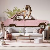 Fotobehang Tijger op roze auto - Bodart 