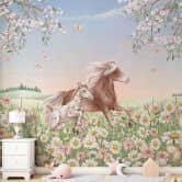 Papier peint photo chambre enfant Chevaux dans un pré fleuri - Kikki Belle 