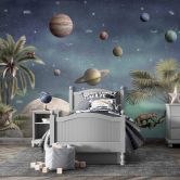 Kinderzimmer Fototapete Kikki Belle - Tropische Fantasiewelt mit Planeten und Palmen 