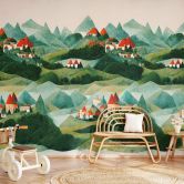 Kinderzimmer Fototapete Treechild - Kleines Dorf inmitten grüner Hügel 