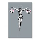 Glasbild Banksy - Jesus Christus mit Einkaufstüten 