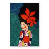 Glasbild Frau mit roten Blüten und Musterkleid - Hülya 