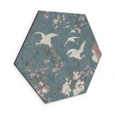 Hexagon Wandbild Kraniche im Kirschblüten-Rausch Blau - Bloomery Decor - Alu-Dibond 
