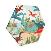 Hexagon Wandbild Farbenfrohe Dinosaurier im Urzeitwald - Bonne Müller - Alu-Dibond 