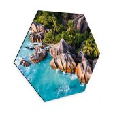 Hexagon Wandbild Tropische Felsenküste der Seychellen - Colombo - Alu-Dibond 