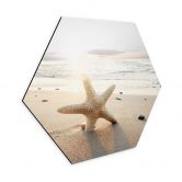 Hexagon Wandbild Funkelnder Seestern am einsamen Strand - Alu-Dibond 