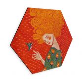 Hexagon Wandbild Kolibri und Frau im roten Licht - Hülya - Alu-Dibond 