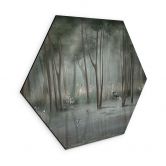 Hexagon Wandbild Nebelwald am See mit Reiher in Grün - Ms Tiff - Alu-Dibond 