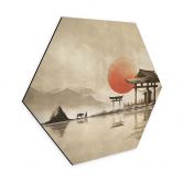 Hexagon Wandbild Japanischer Tempel im Sonnenaufgang - Roze - Alu-Dibond 
