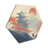 Hexagon Wandbild Sonnenaufgang über der Pagode - Roze - Alu-Dibond 