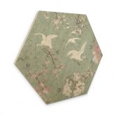 Tableau sur bois hexagonal grues dans l'ivresse des fleurs de cerisier Vert - Bloomery Decor 