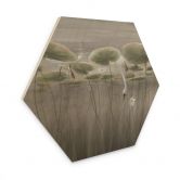 Hexagon Holzbild Lotusblumen mit Schwan im Wasser in Grau - Ms Tiff 