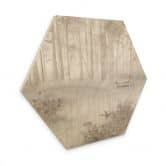 Hexagon Holzbild Wald am See im Nebel in Beige - Ms Tiff 