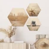 Hexagon Holzbild Strandkorb, Seestern und Dünen an der Ostsee Set (3-teilig) 