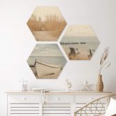 Hexagon Holzbild Ostseeküste mit Strandkörben, Ruderboot und Leuchtturm Set (3-teilig) 