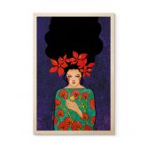 Holzbild Frau mit roter Blütenkrone und Vogel - Hülya 