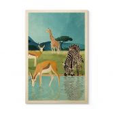 Holzbild Goed Blauw - Tiere am Wasserloch - Antilopen, Zebras und Giraffe 