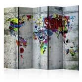 Paravent, Raumteiler freistehend, Trennwand - Weltkarte - Graffiti-Welt, 5-teilig - 225x172 cm 