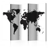 Paravent, Raumteiler freistehend, Trennwand - Weltkarte - schwarz-weiße Welt , 5-teilig - 225x172 cm 