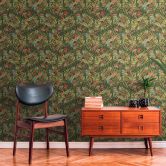 jungle motief behang groen - vliesbehang met rood blauwe bloesems 