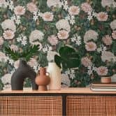 bloemen behang met vlinders groen wit - vliesbehang met lichte bloesems 