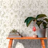Vliestapete mit Blumen und Vögeln Weiß Grün - Tapete floral im Zeichen-Stil 