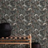 Dschungel-Mustertapete mit Gräsern Schwarz-Weiß - Tapete mit Blüten orange 