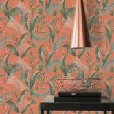 patroonbehang met bladeren en grassen oranje groen - jungle vliesbehang 
