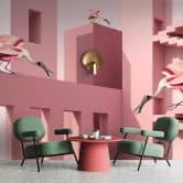 Fototapete Surrealistische Vögel in Rosétönen - Vliestapete mit Architekturelementen 