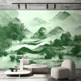 Fototapete Grüntöne Aquarell Berglandschaft Tapete - Vliestapete Natur 