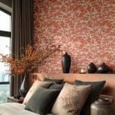 Non-woven wallpaper Lin Zen Branches beige red metallic asian - orange trees forest wallpaper branches 