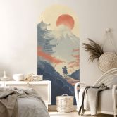 Wall sticker Round arch wall panel Sunrise over the pagoda - Roze - narrow 