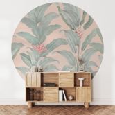 Fotobehang Tropische Bladeren Roze - Bloemdecor - Rond - Zelfklevend/niet-geweven 