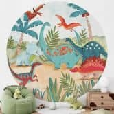 Papier peint photo pour la chambre d'enfant - Dinosaures colorés dans la forêt préhistorique - Bonne Muller - Rond - papier peint intissé/papier peint intissé autocollant 