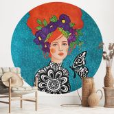 Wall Mural Butterfly woman with wreath of flowers - Hülya - Round - Self-adhesive/non-woven 