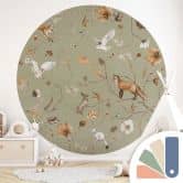 Children's room Wall Mural Playful forest animals on branches - Kikki Belle - Round - Self-adhesive/non-woven 