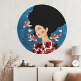 Sticker mural femme en robe fleurie avec koi - Hülya - Rond 