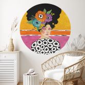 Wallsticker Kvinde med farverig blomsterkrone - Hülya - Rund 