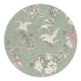 Wandbild Kraniche im Kirschblüten-Rausch Grün - Bloomery Decor - Alu-Dibond Rund 