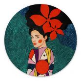 Tableaux Femme aux fleurs rouges et robe à motifs - Hülya - Rond - Alu-Dibond 