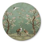 Glasbild Kraniche in floraler Landschaft - Bloomery Decor - Rund 