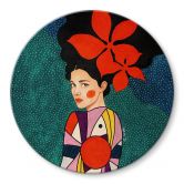 Glasbild Frau mit roten Blüten und Musterkleid - Hülya - Rund 