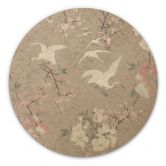 Holzbild Kraniche im Kirschblüten-Rausch Beige - Bloomery Decor - Rund 
