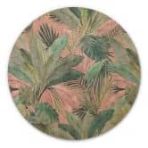Tableau sur bois Feuilles tropicales dans la jungle rose - Bloomery Decor - Rond 