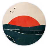 Tableau sur bois rond Coucher de soleil sur la mer avec des pigeons - Kubistika 